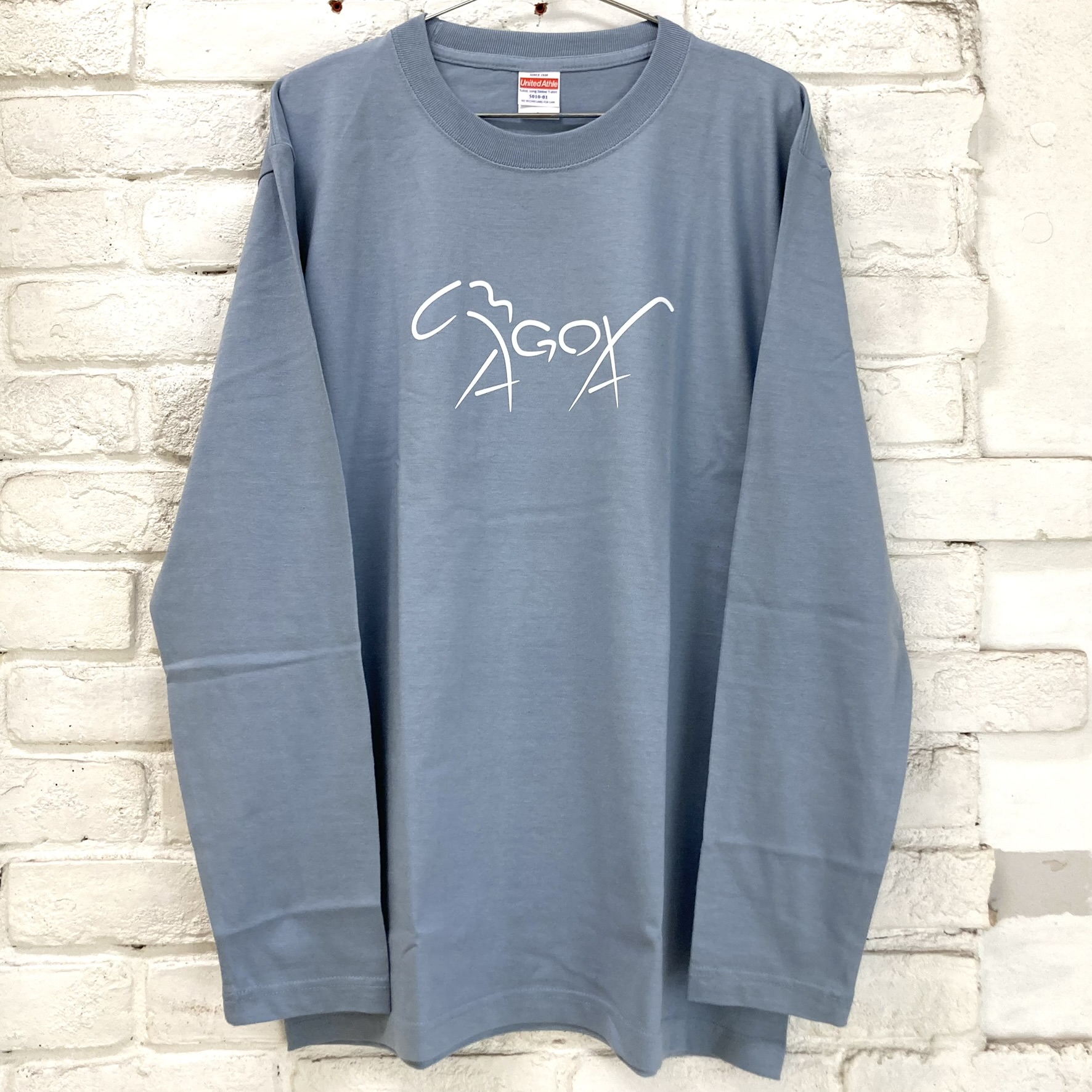 馬小屋デザインロゴ 馬小屋ロンT XLサイズ アシッドブルー フロントプリント